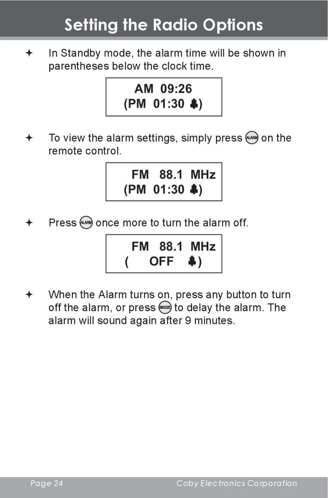 COBY electronic HDR-650 instruction manual AM 0926 PM, FM 88.1 MHz PM, FM 88.1 MHz OFF 