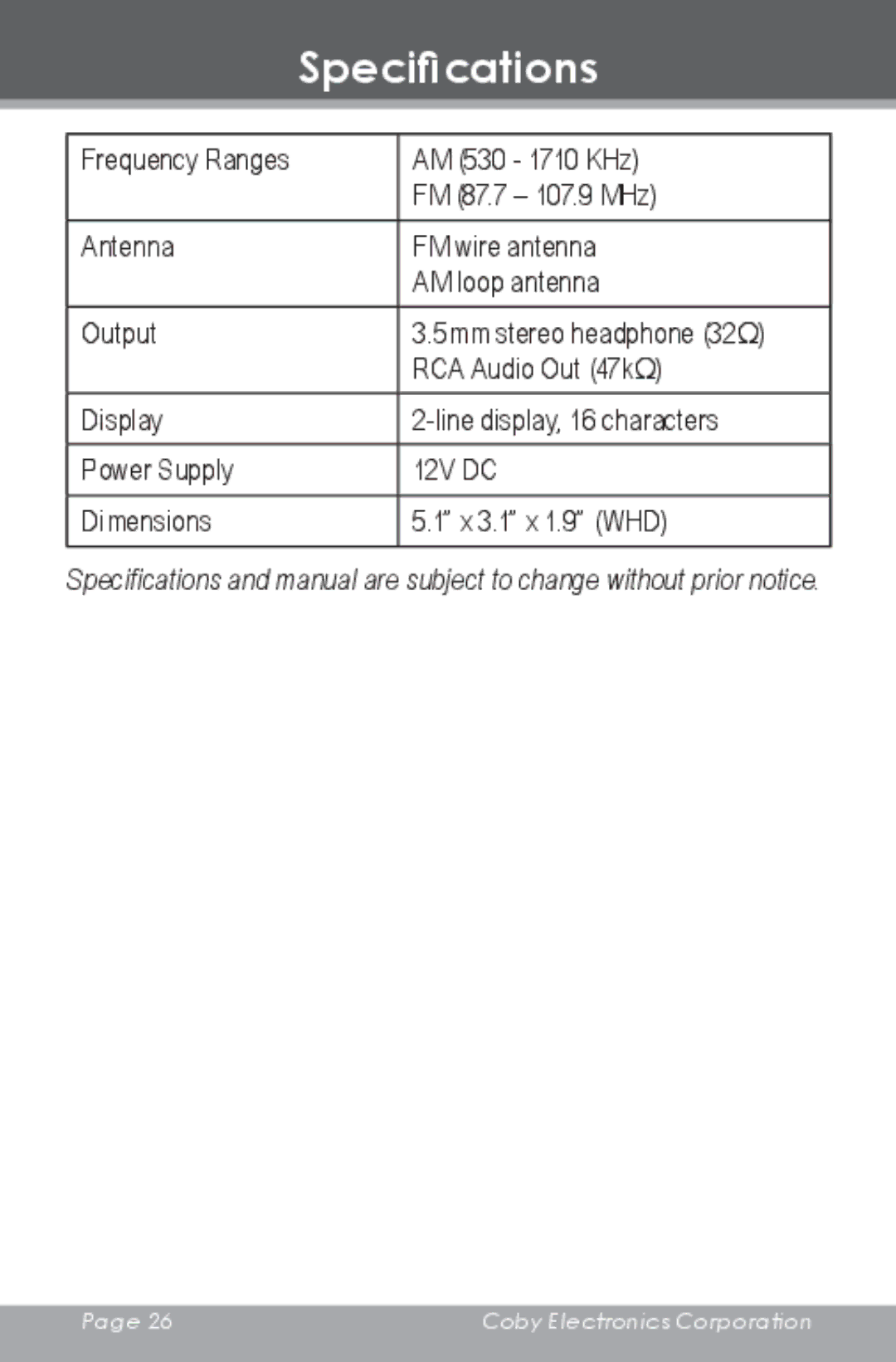 COBY electronic HDR-650 instruction manual Specifications 