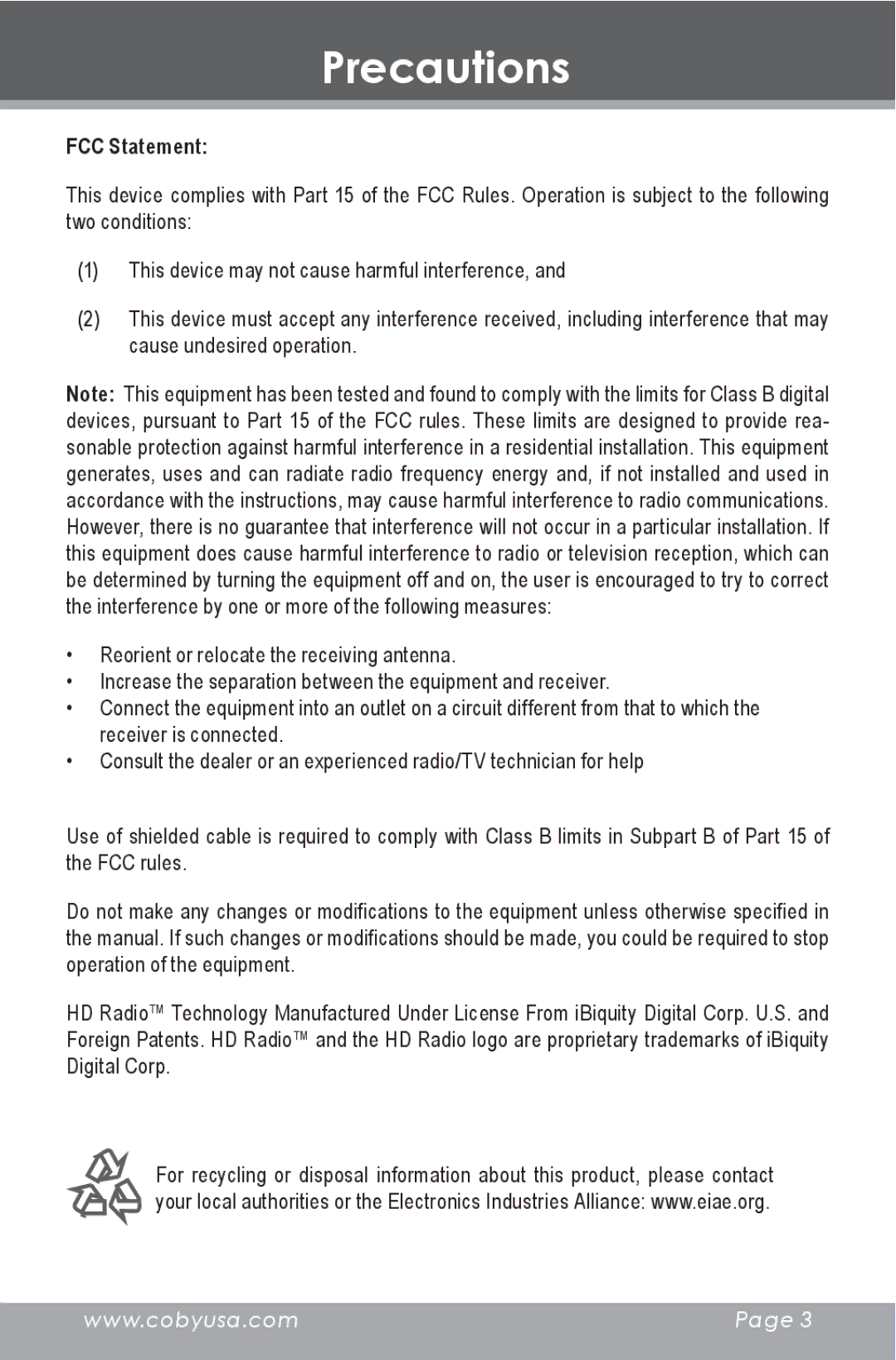 COBY electronic HDR-650 instruction manual FCC Statement 