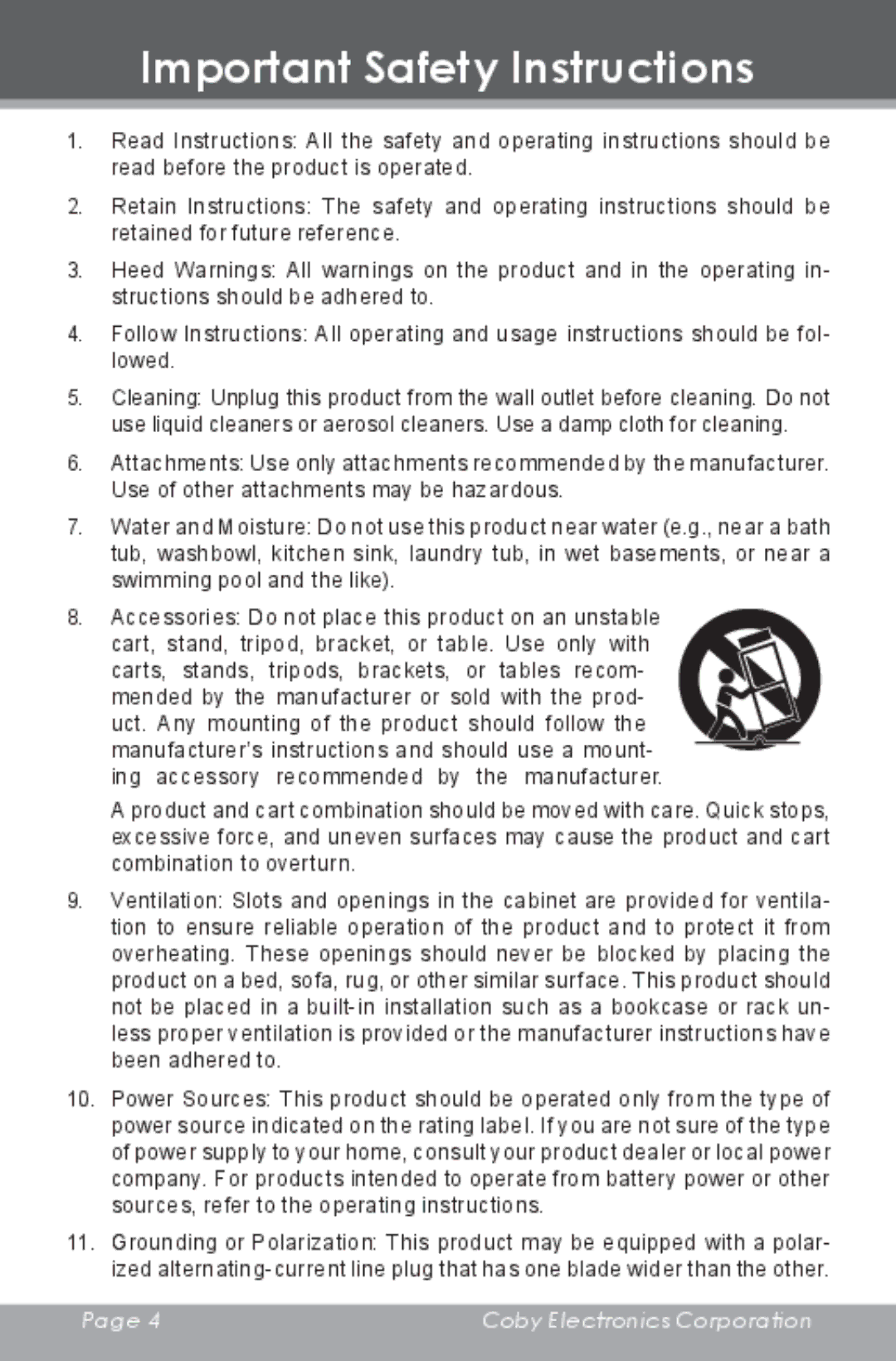 COBY electronic HDR-650 instruction manual Important Safety Instructions 