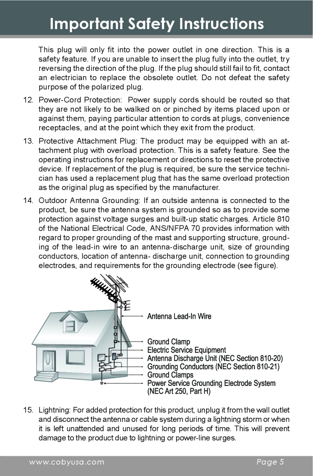 COBY electronic HDR-650 instruction manual Important Safety Instructions 