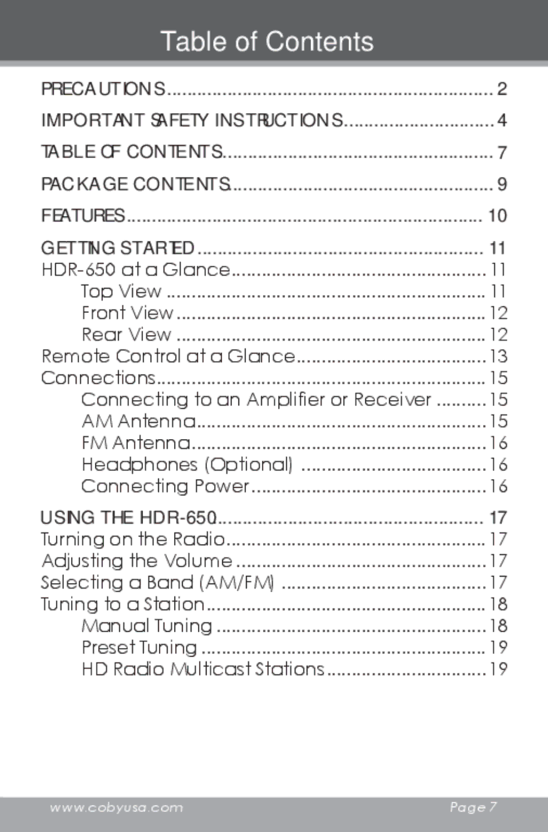 COBY electronic HDR-650 instruction manual Table of Contents 