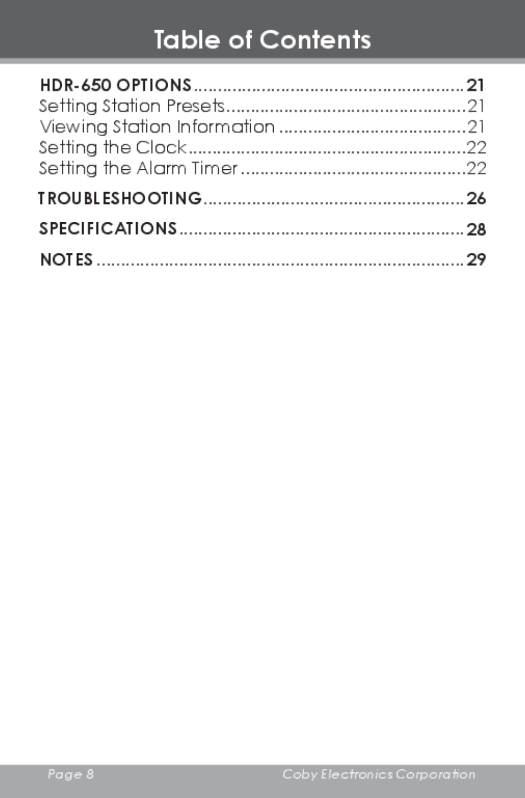 COBY electronic instruction manual HDR-650 Options, Troubleshooting Specifications 