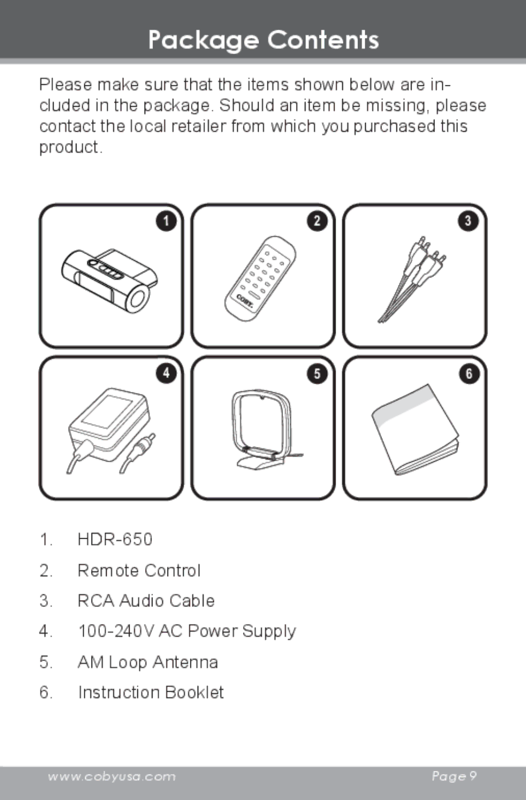 COBY electronic HDR-650 instruction manual Package Contents 