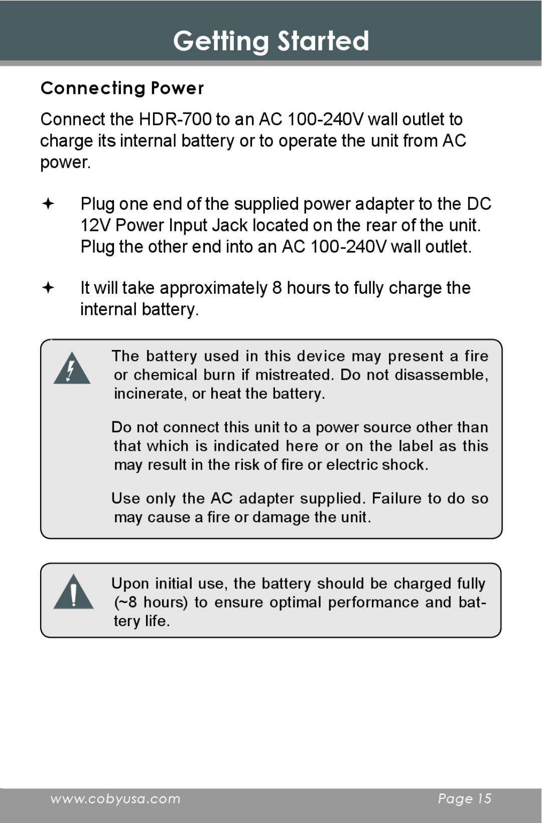 COBY electronic HDR-700 instruction manual Connecting Power 