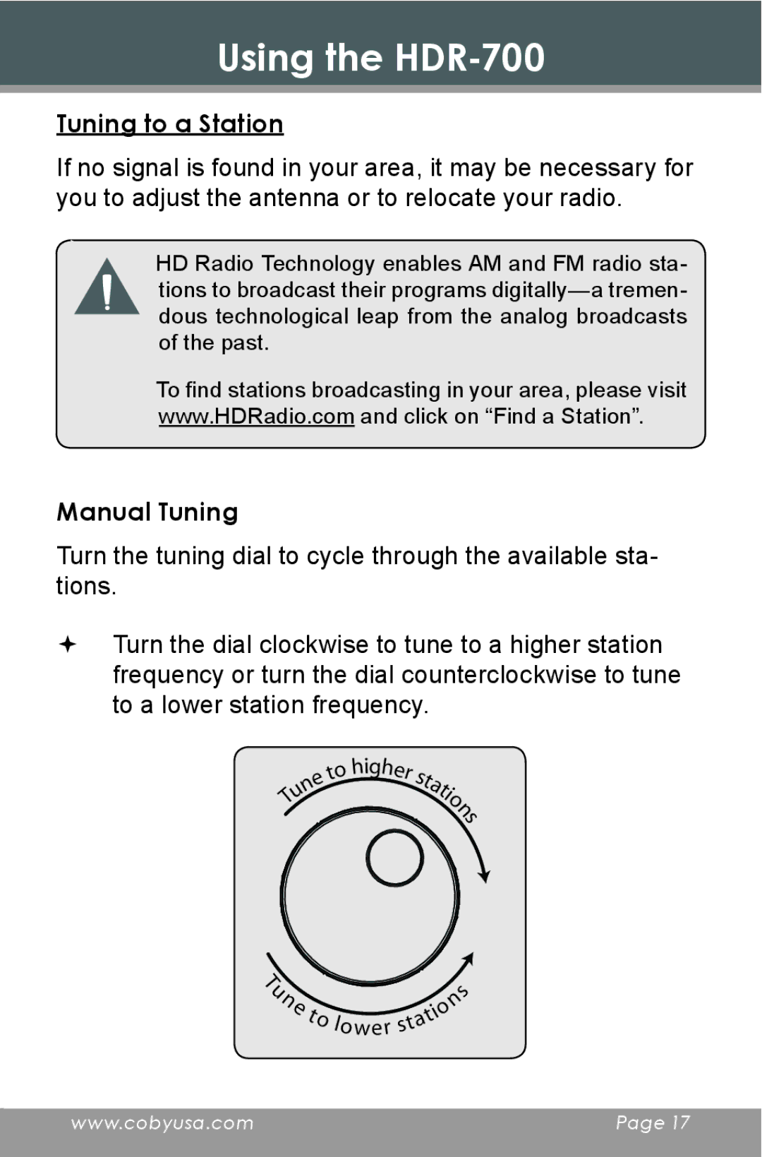 COBY electronic HDR-700 instruction manual Tuning to a Station, Manual Tuning 