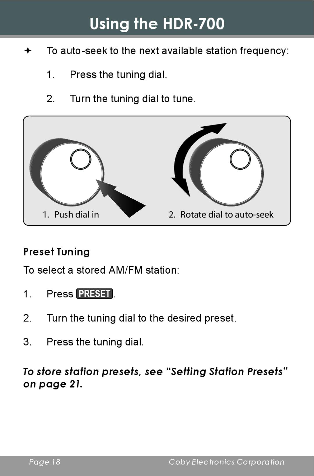 COBY electronic HDR-700 instruction manual Preset Tuning 