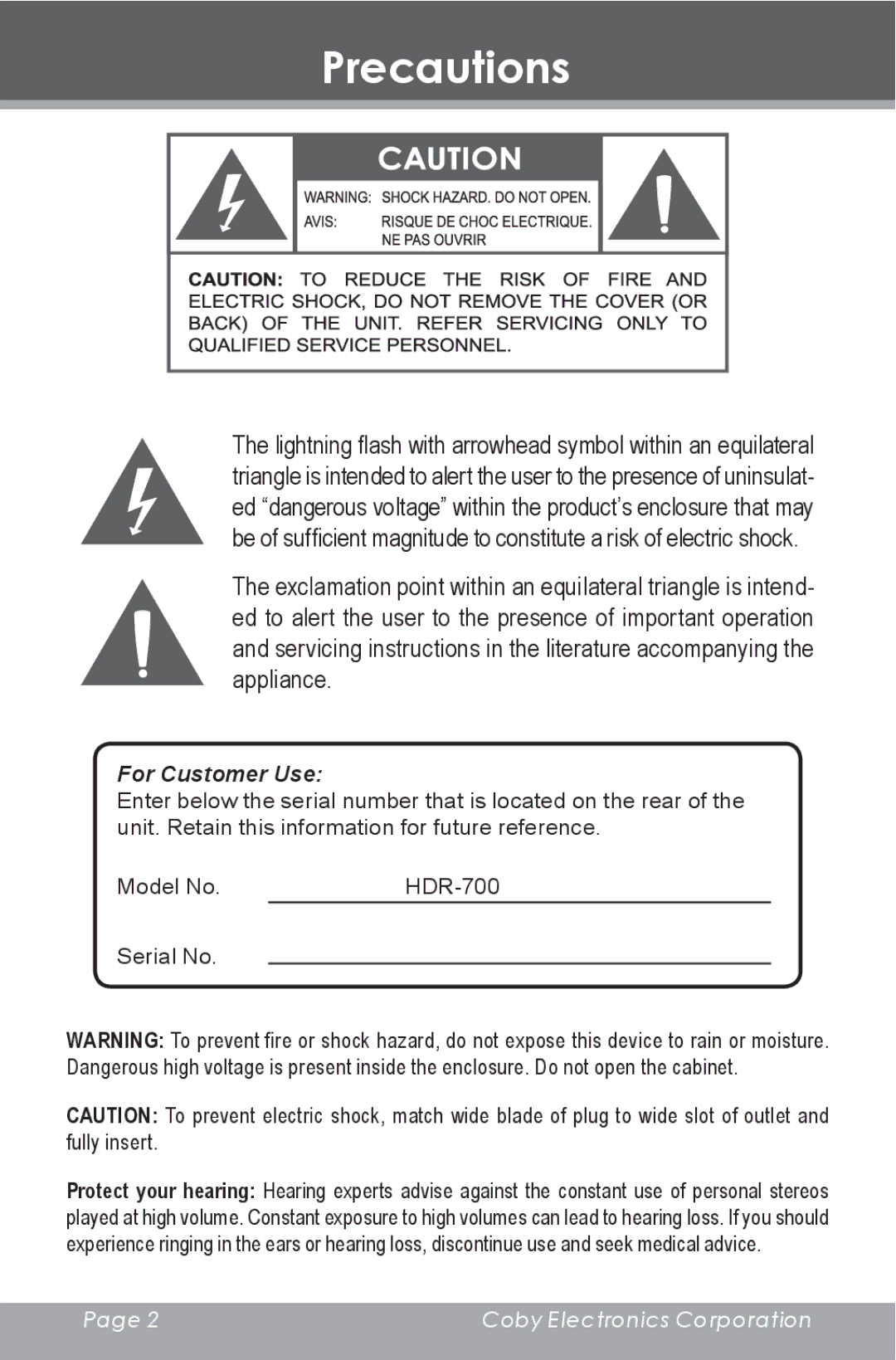 COBY electronic HDR-700 instruction manual Precautions, For Customer Use 