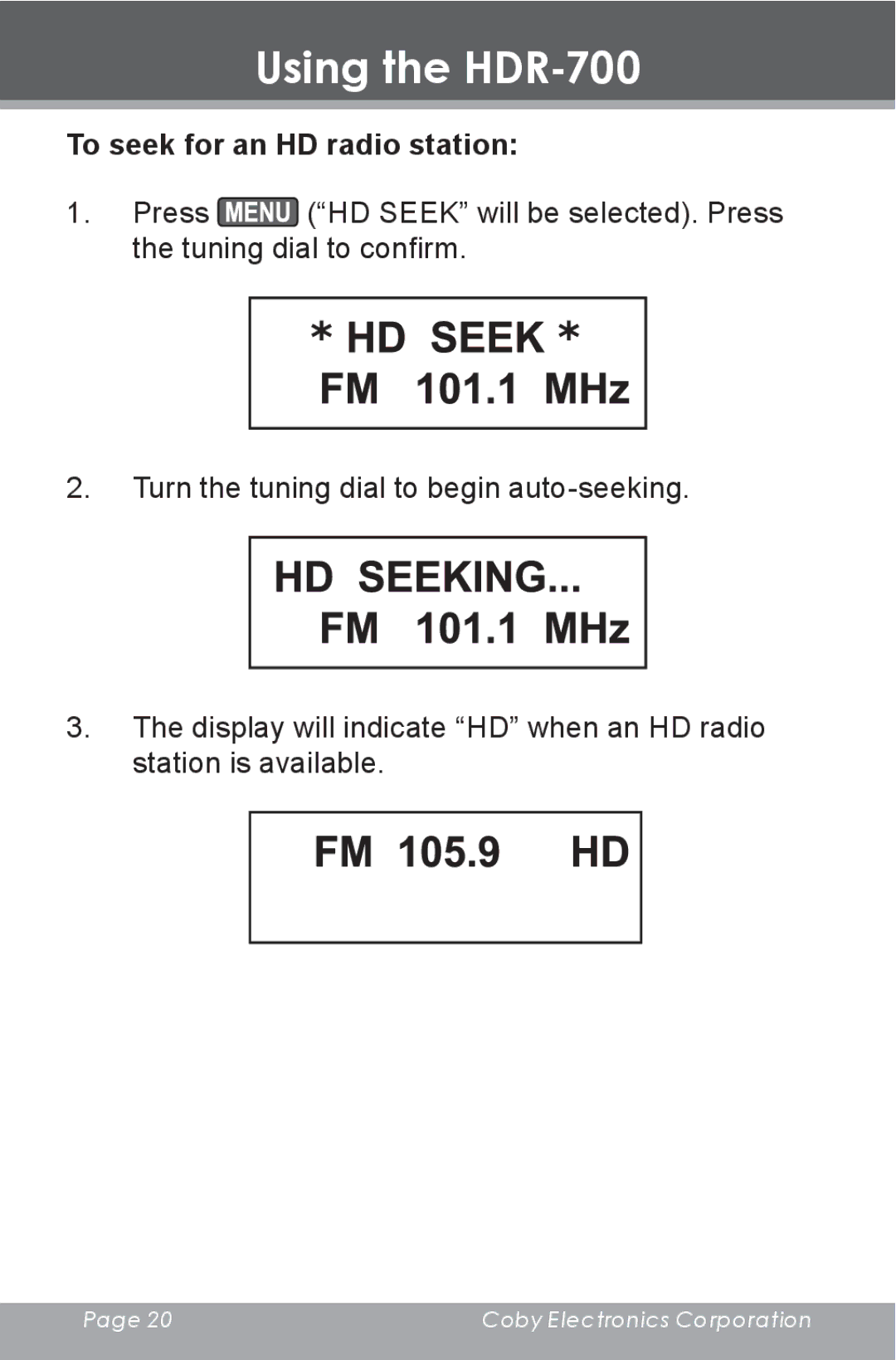 COBY electronic HDR-700 instruction manual HD Seeking 