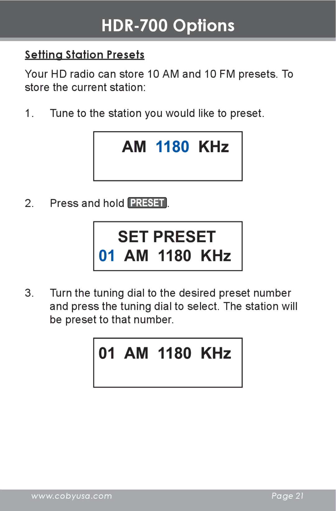 COBY electronic instruction manual HDR-700 Options, Setting Station Presets 