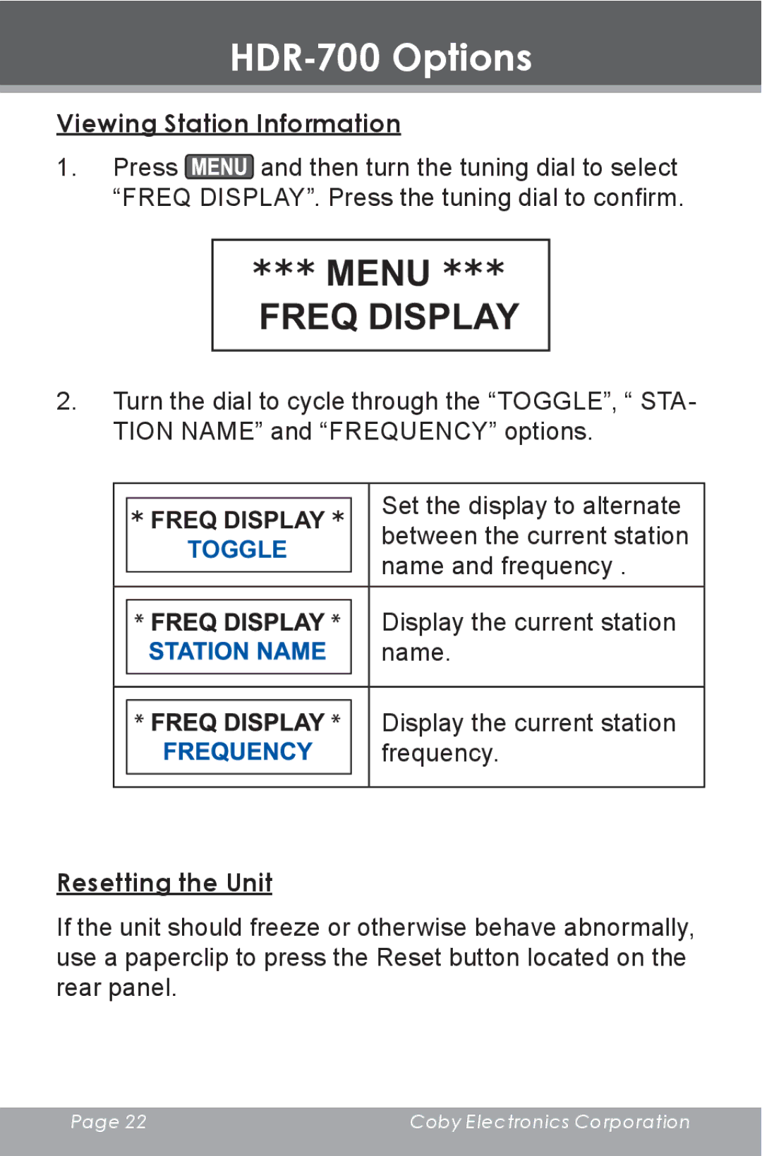 COBY electronic HDR-700 instruction manual Viewing Station Information, Resetting the Unit 