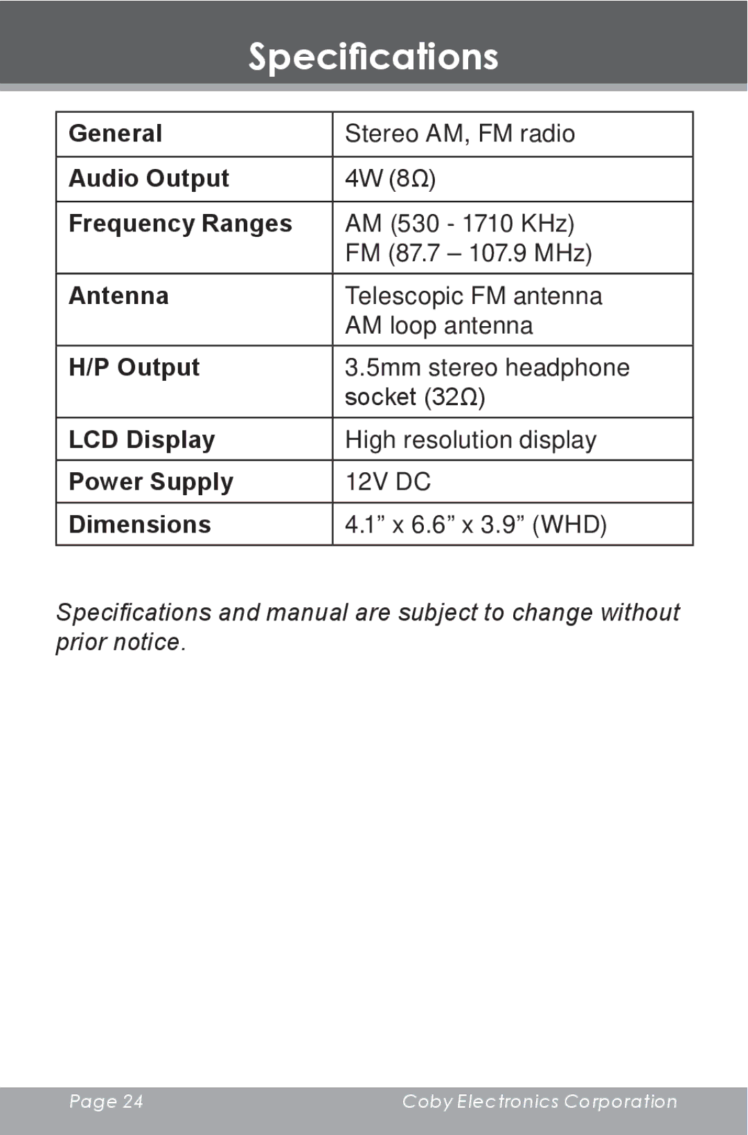 COBY electronic HDR-700 instruction manual Specifications, Dimensions 