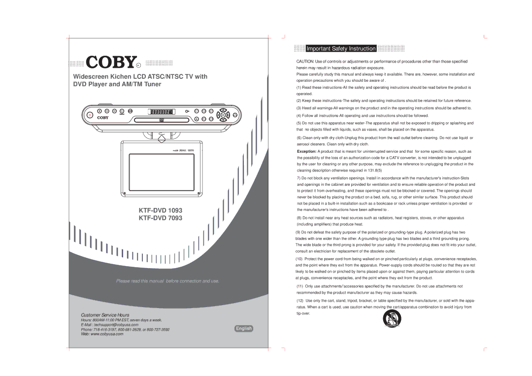 COBY electronic KTF-DVD 1093 operating instructions Important Safety Instruction, Customer Service Hours 