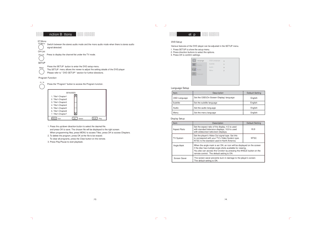 COBY electronic KTF-DVD 1093 operating instructions Et p, Program Function, DVD Setup, Display Setup, Ntsc 