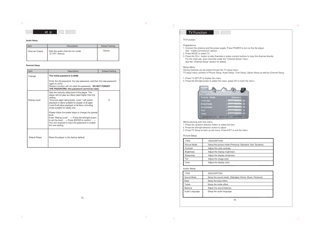 COBY electronic KTF-DVD 1093 operating instructions TV Function, Picture Setup, Description, Audio Setup 