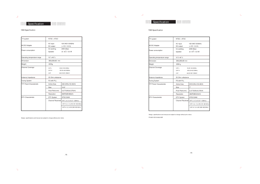 COBY electronic KTF-DVD 1093 operating instructions Specification 