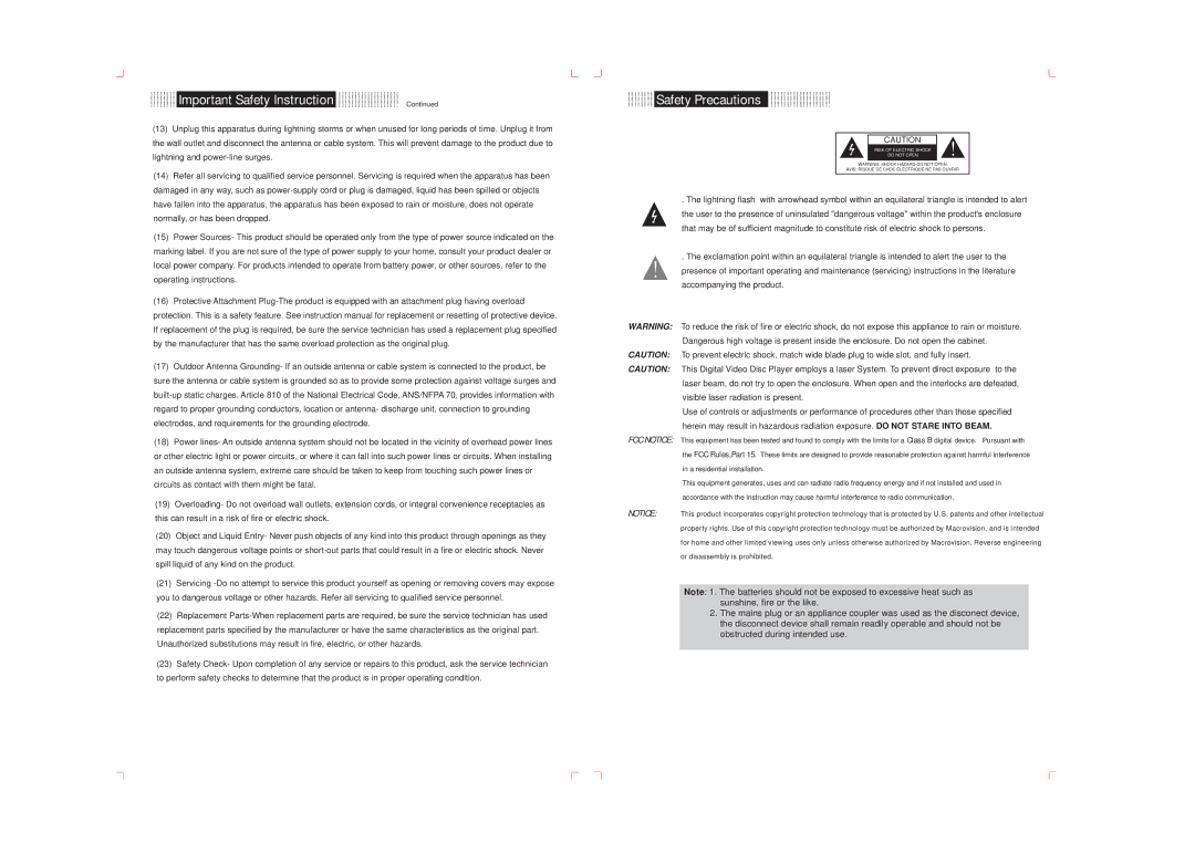 COBY electronic KTF-DVD 1093 operating instructions Safety Precautions, Important Safety Instruction 