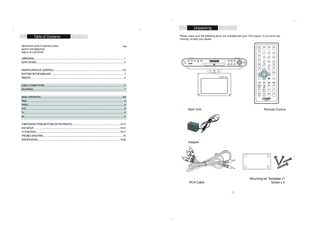 COBY electronic KTF-DVD 1093 operating instructions Unpacking, Table of Contents 