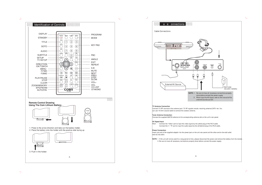 COBY electronic KTF-DVD 1093 Onnections, Remote Control Drawing Using The Coin Lithium Battery, Cable Connections 