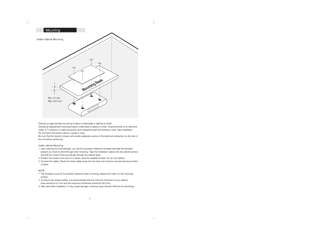 COBY electronic KTF-DVD 1093 operating instructions Under-Cabinet Mounting 