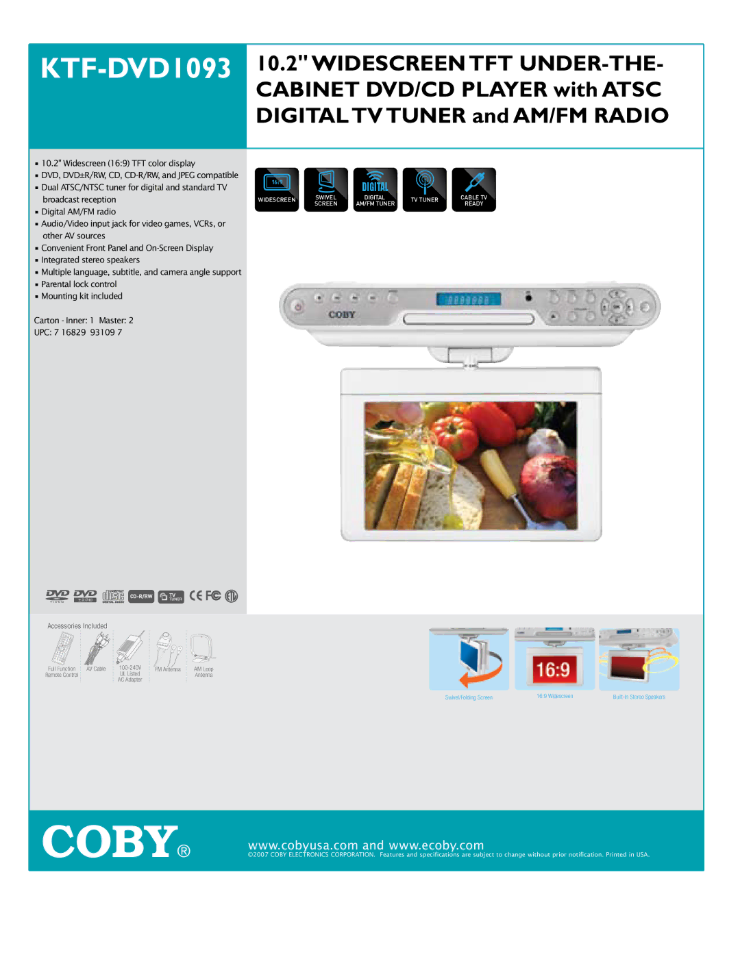 COBY electronic KTF-DVD1093 specifications 169,*,7$, Accessories Included 