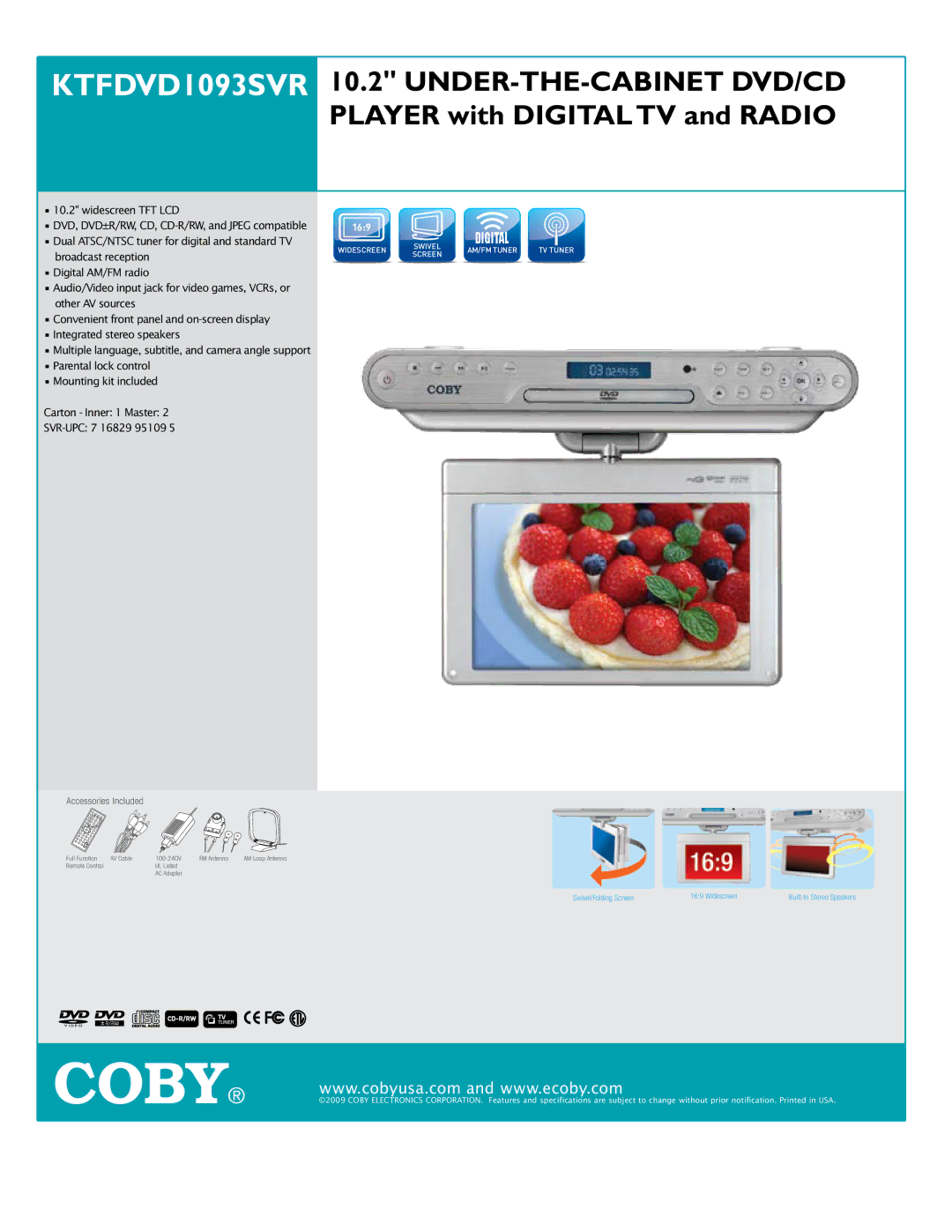 COBY electronic KTFDVD1093SVR specifications 169, Accessories Included 