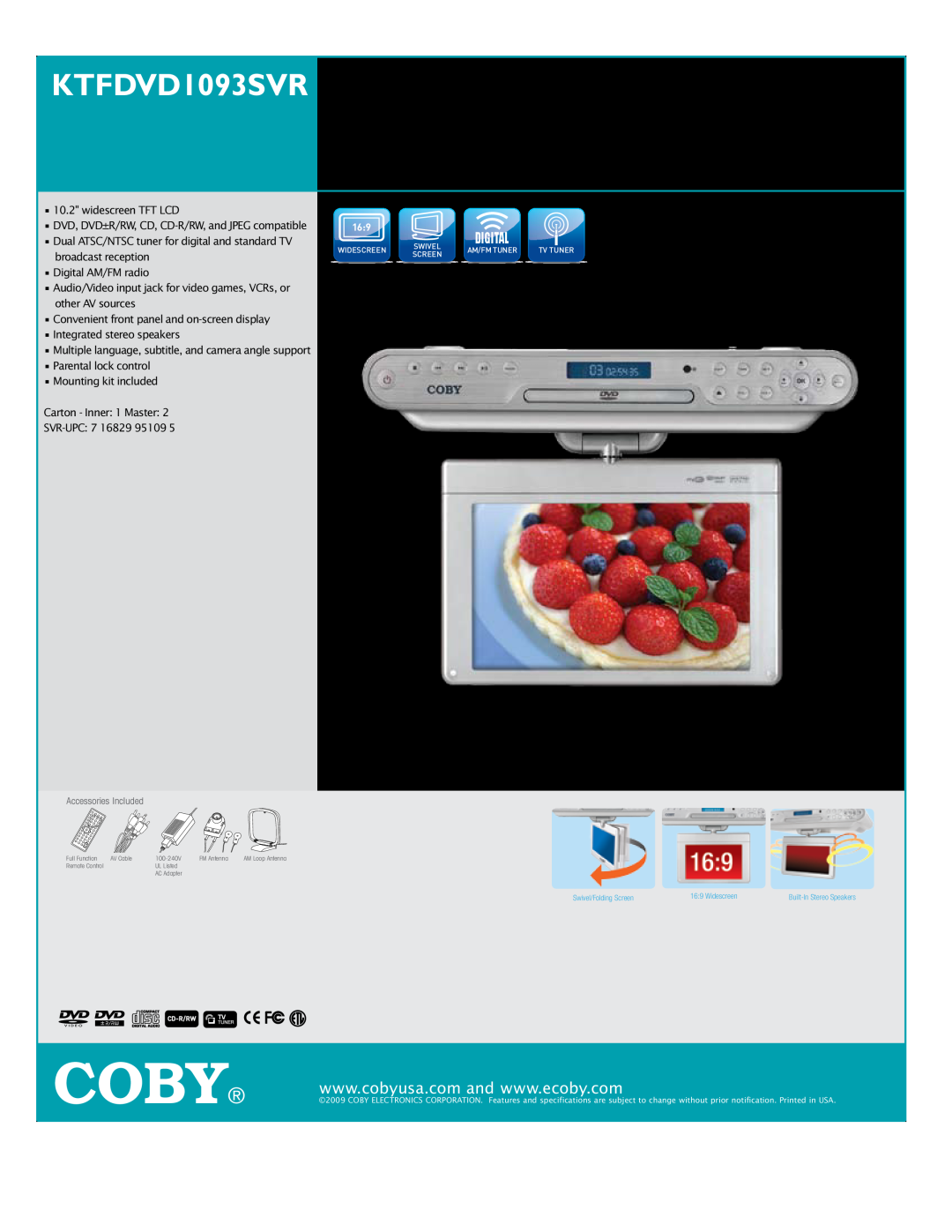 COBY electronic KTFDVD1093SVR specifications Coby 