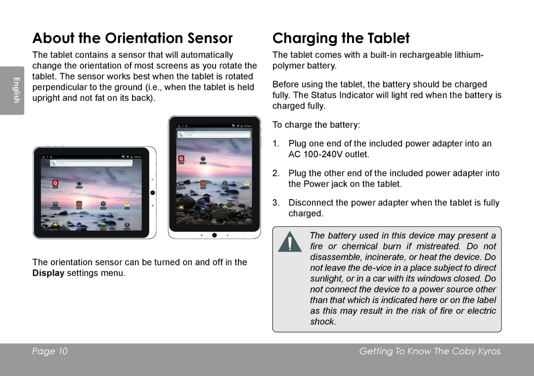 COBY electronic MID1126 quick start About the Orientation Sensor, Charging the Tablet 