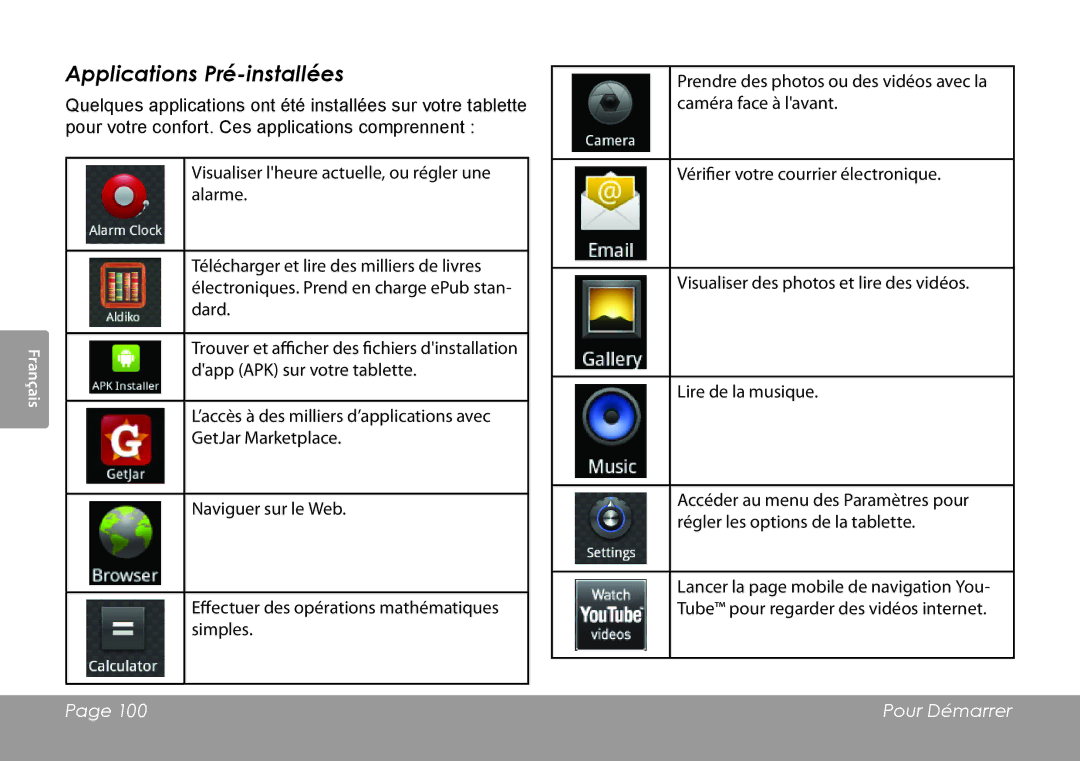 COBY electronic MID1126 quick start Applications Pré-installées 