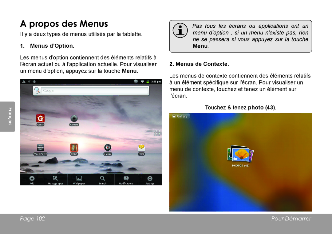 COBY electronic MID1126 quick start Propos des Menus, Menus d’Option, Menus de Contexte 