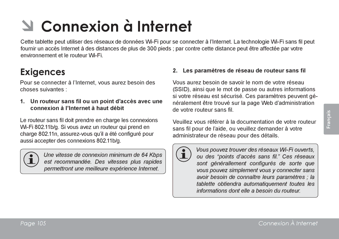 COBY electronic MID1126 quick start ÂÂConnexion à Internet, Exigences, Les paramètres de réseau de routeur sans fil 