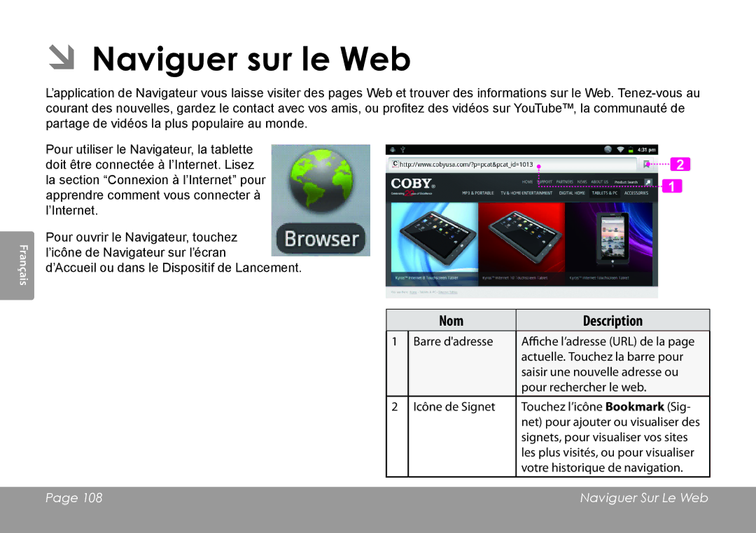 COBY electronic MID1126 quick start ÂÂNaviguer sur le Web 
