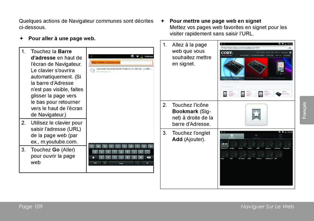 COBY electronic MID1126 quick start  Pour aller à une page web,  Pour mettre une page web en signet 