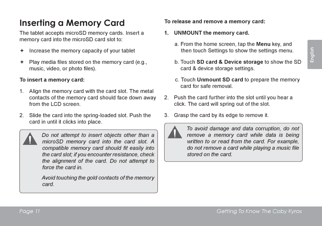 COBY electronic MID1126 quick start Inserting a Memory Card, To insert a memory card 