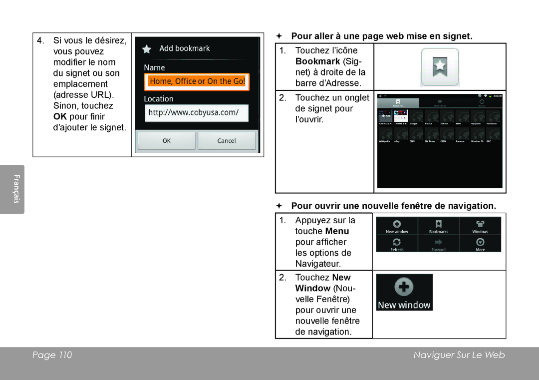 COBY electronic MID1126  Pour aller à une page web mise en signet,  Pour ouvrir une nouvelle fenêtre de navigation 