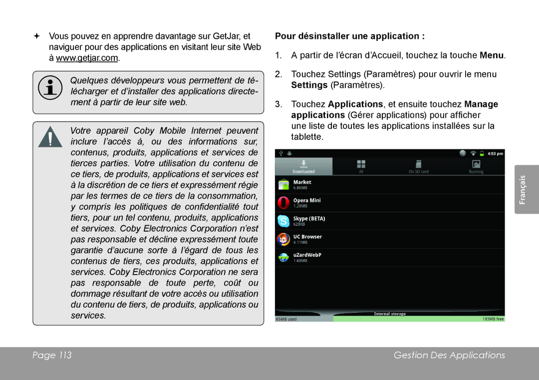 COBY electronic MID1126 quick start Pour désinstaller une application 