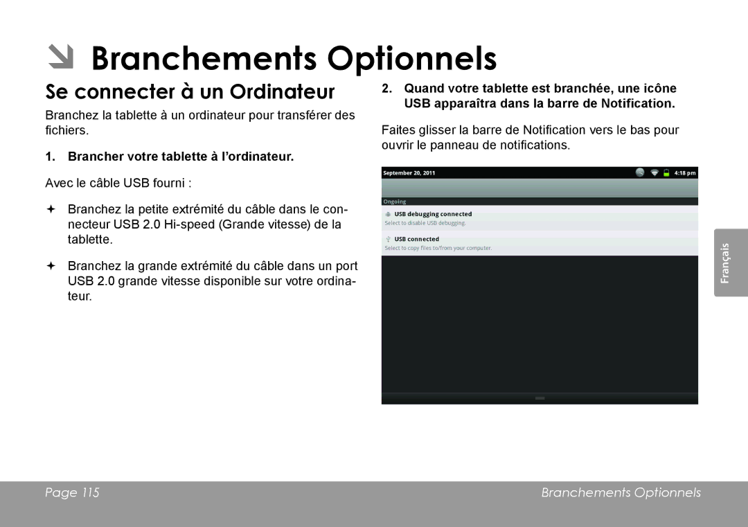 COBY electronic MID1126 ÂÂBranchements Optionnels, Se connecter à un Ordinateur, Brancher votre tablette à l’ordinateur 