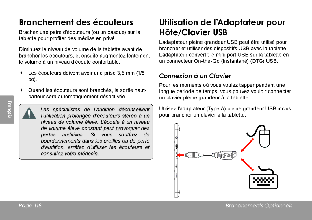 COBY electronic MID1126 quick start Branchement des écouteurs, Utilisation de l’Adaptateur pour Hôte/Clavier USB 