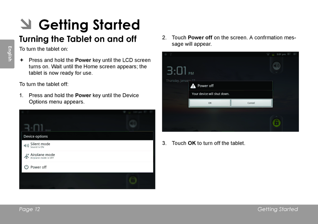 COBY electronic MID1126 quick start ÂÂGetting Started, Turning the Tablet on and off 