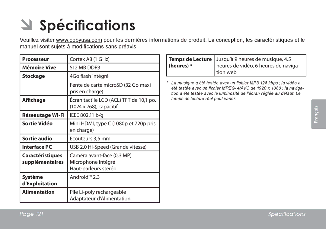 COBY electronic MID1126 quick start ÂÂSpécifications 