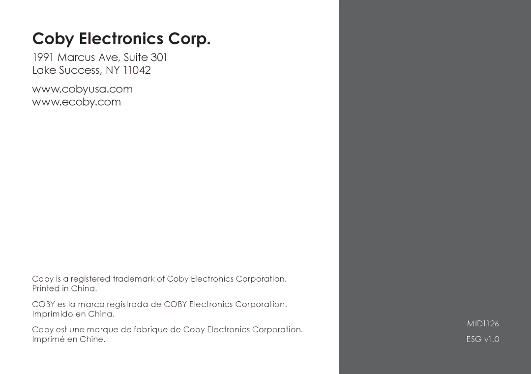 COBY electronic MID1126 quick start Coby Electronics Corp 