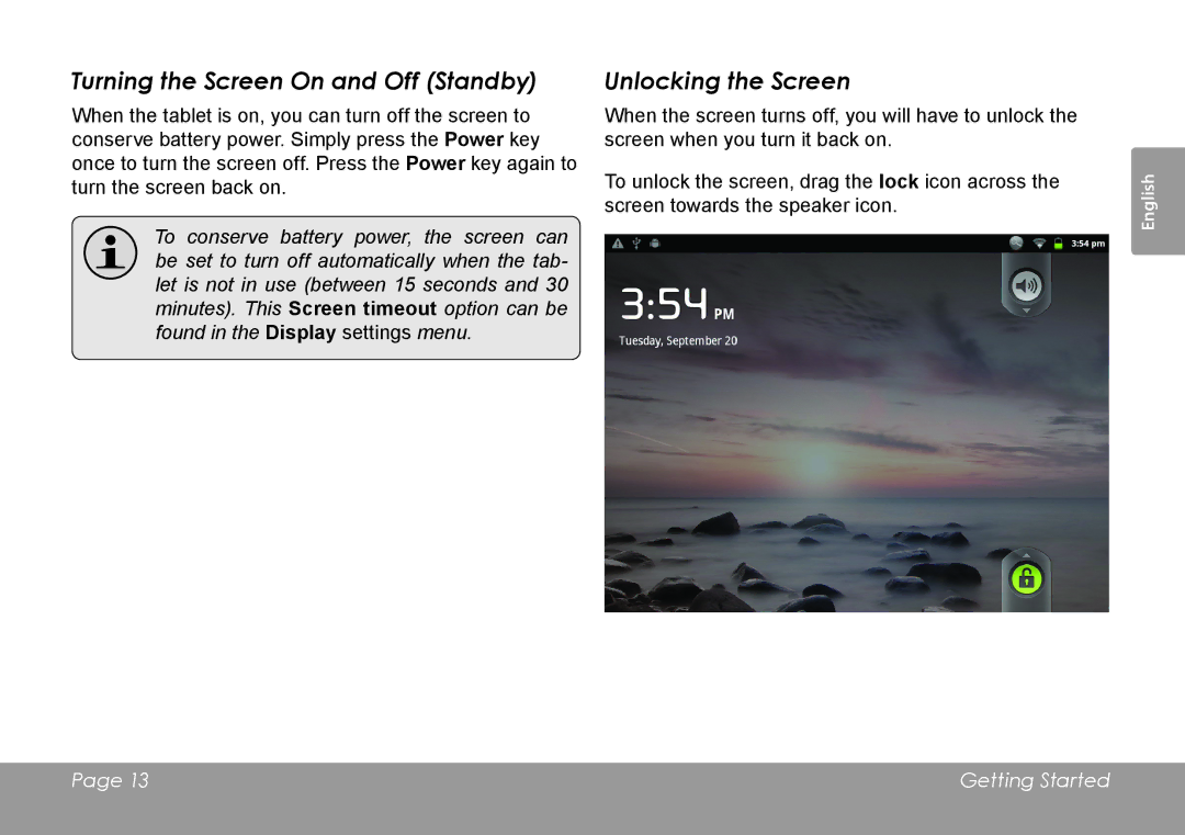 COBY electronic MID1126 quick start Turning the Screen On and Off Standby, Unlocking the Screen 