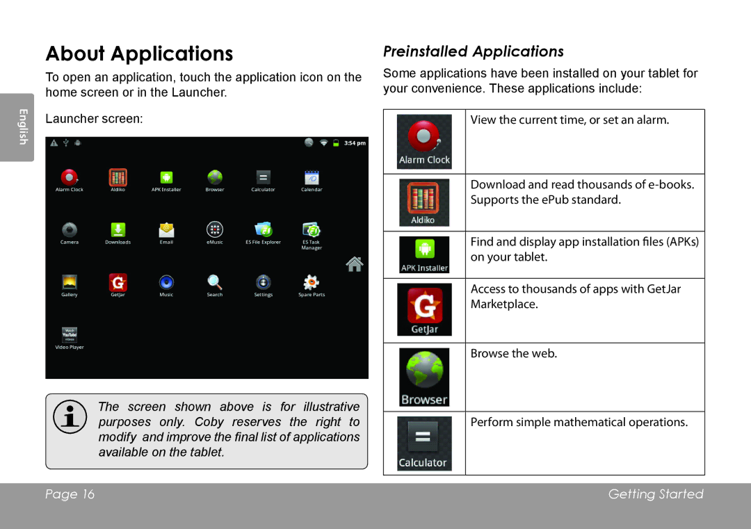 COBY electronic MID1126 quick start About Applications, Preinstalled Applications 