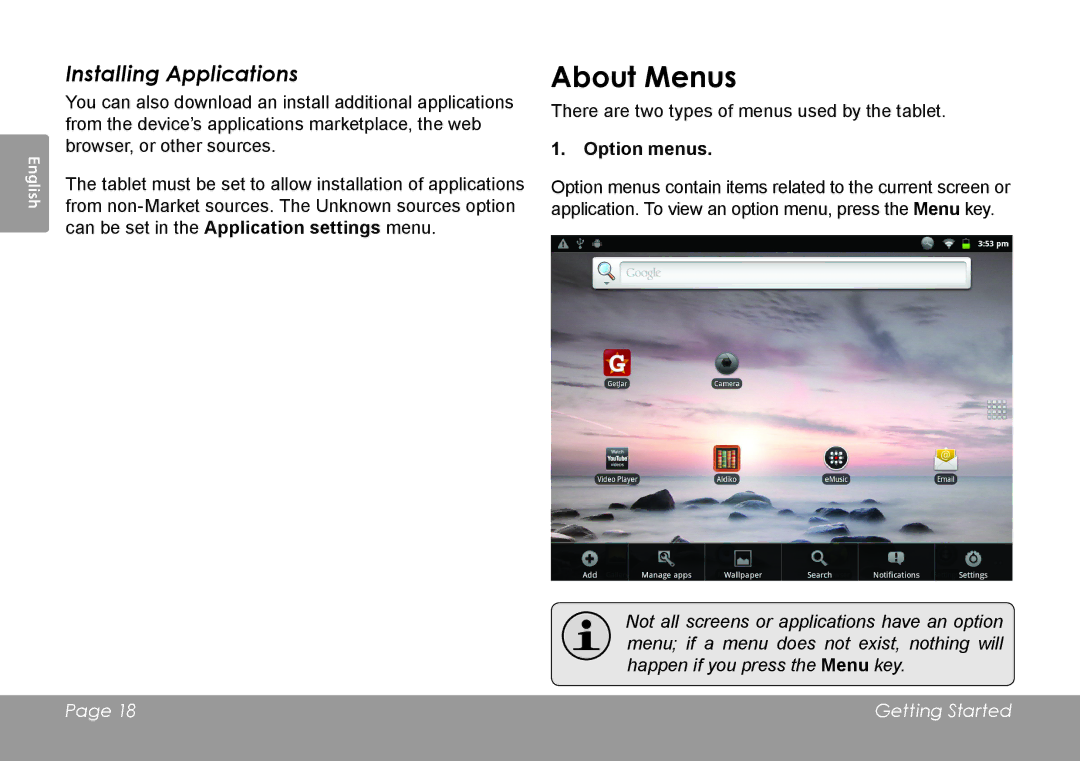 COBY electronic MID1126 quick start About Menus, Installing Applications, Option menus 