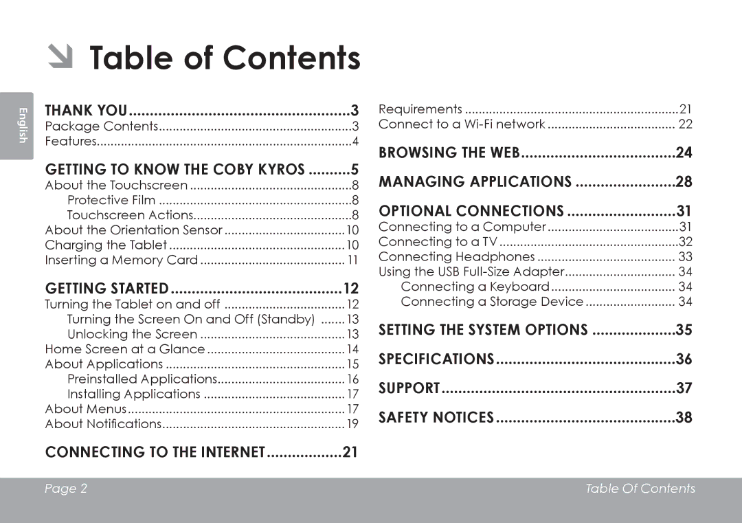 COBY electronic MID1126 quick start ÂÂTable of Contents 