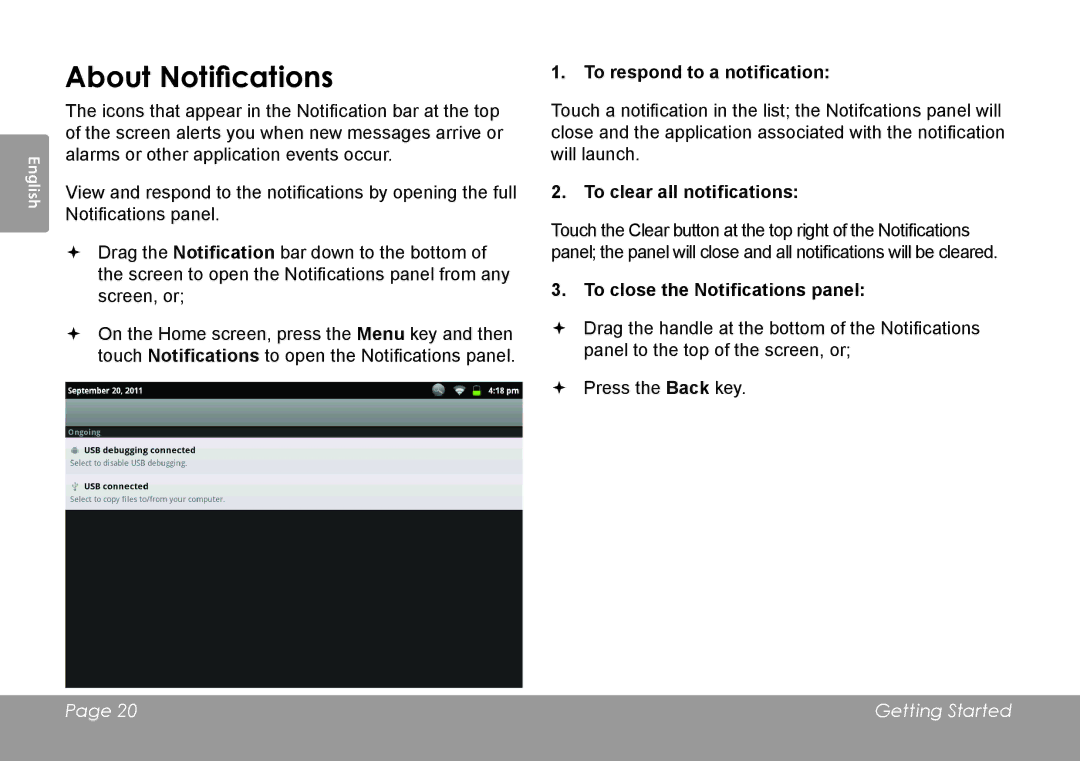 COBY electronic MID1126 quick start About Notifications, To respond to a notification, To clear all notifications 