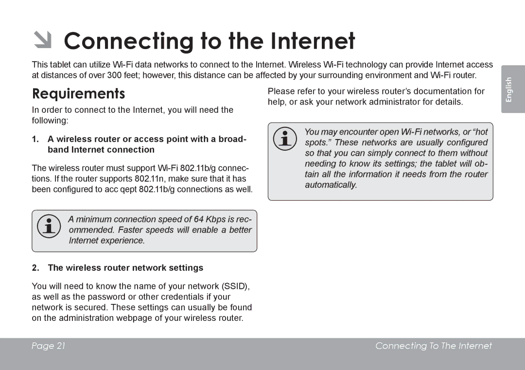 COBY electronic MID1126 quick start ÂÂConnecting to the Internet, Requirements, Wireless router network settings 