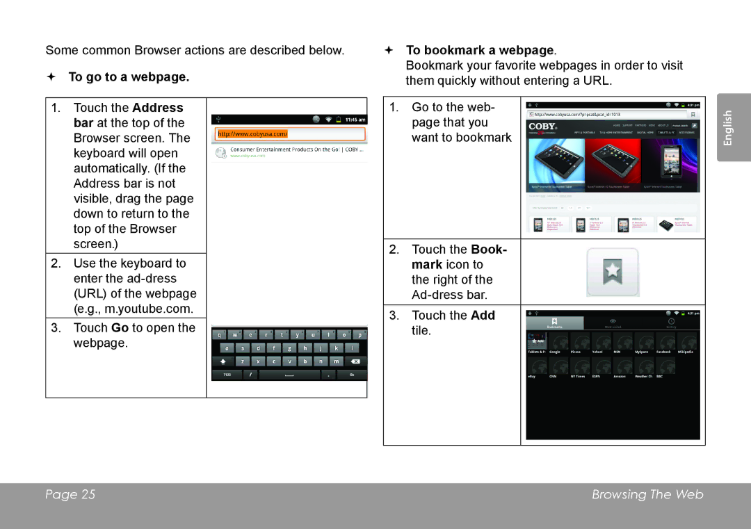 COBY electronic MID1126 quick start  To go to a webpage,  To bookmark a webpage 