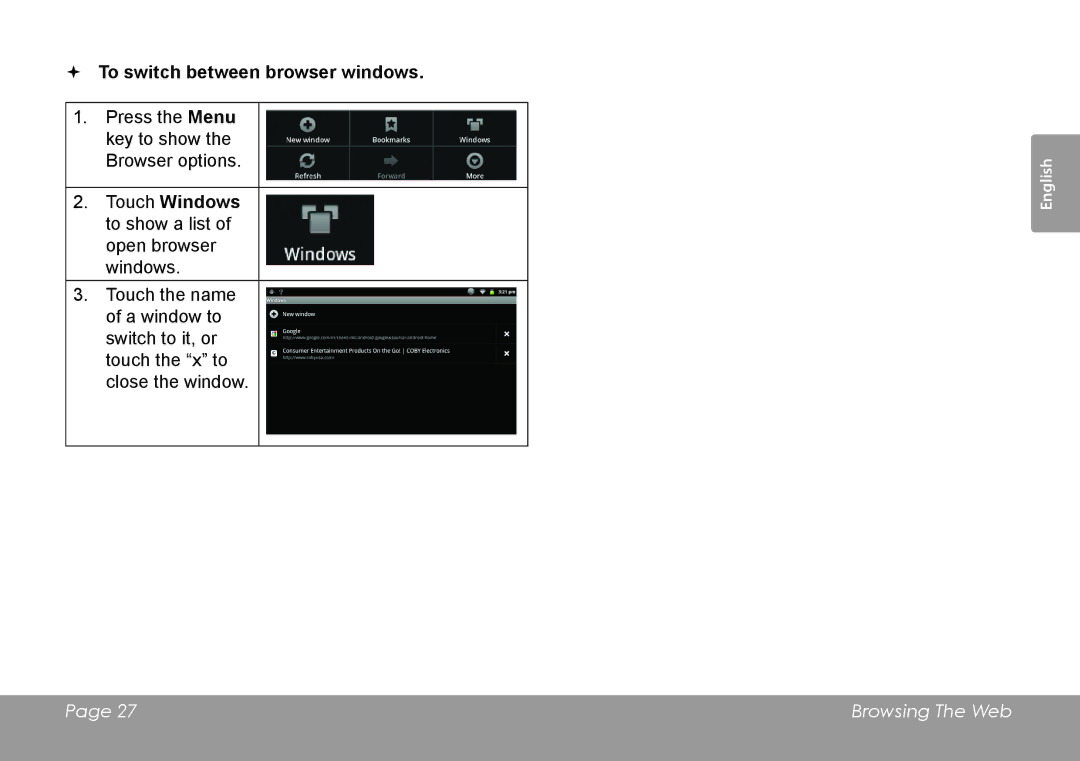 COBY electronic MID1126  To switch between browser windows, Touch Windows to show a list of open browser windows 