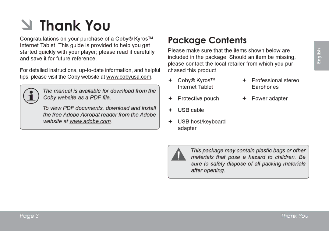 COBY electronic MID1126 quick start ÂÂThank You, Package Contents 